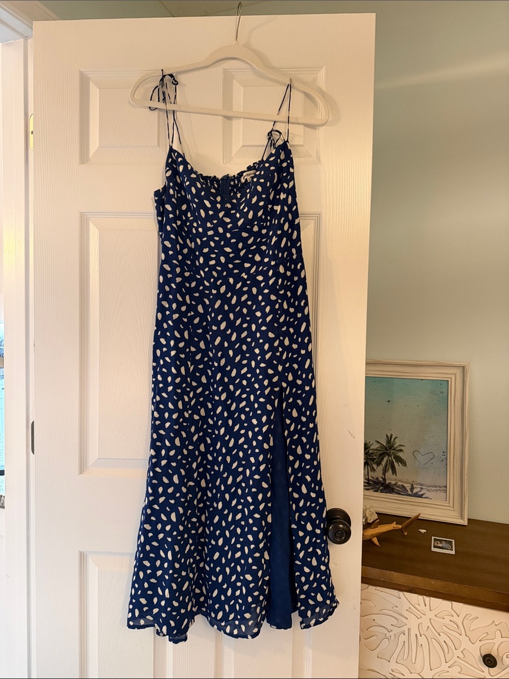 Reformation Navy Blue & White Spotted Slip Maxi Dress
